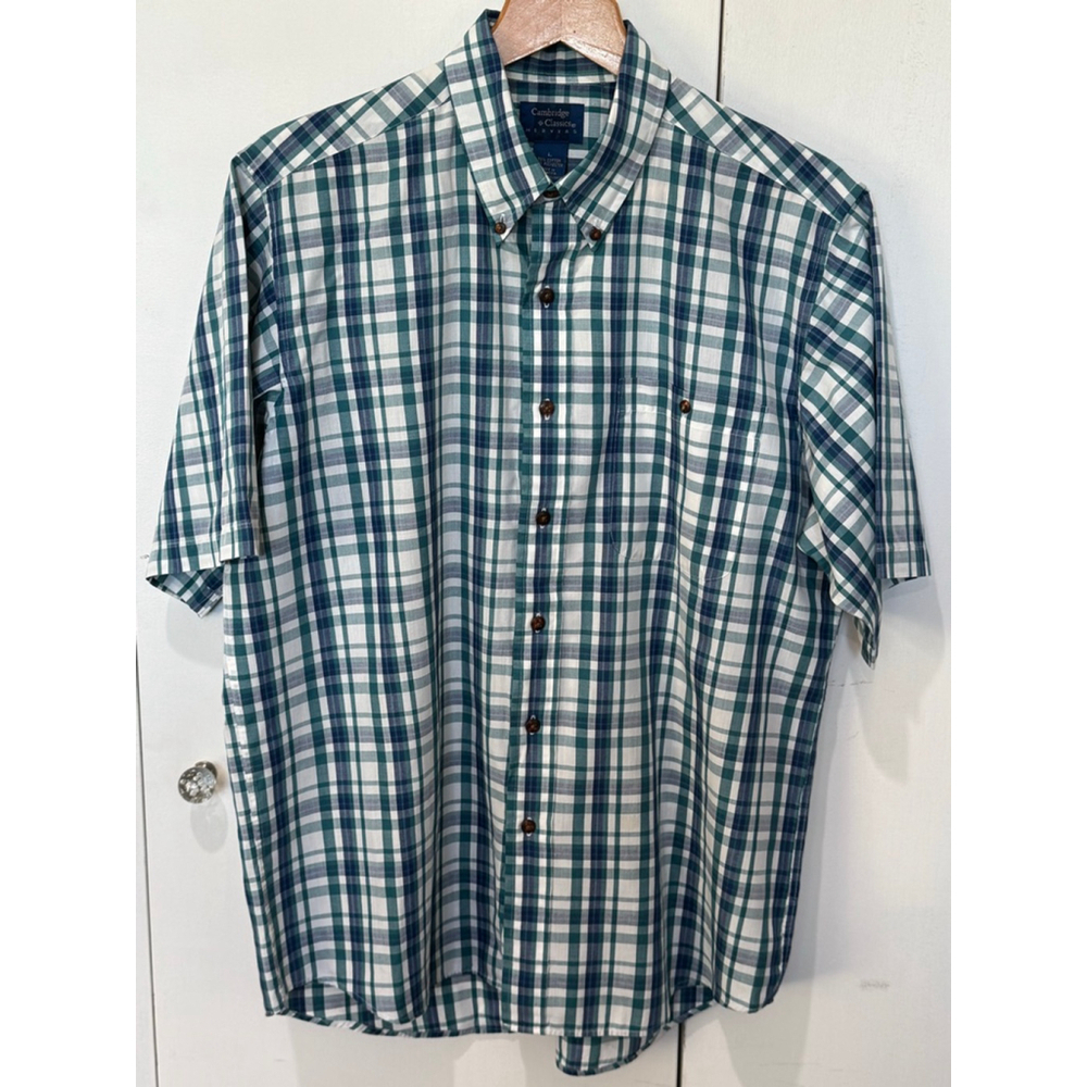 Men's Cambridge Classics White Green Blue Plaid Casual Button Down Shirt L